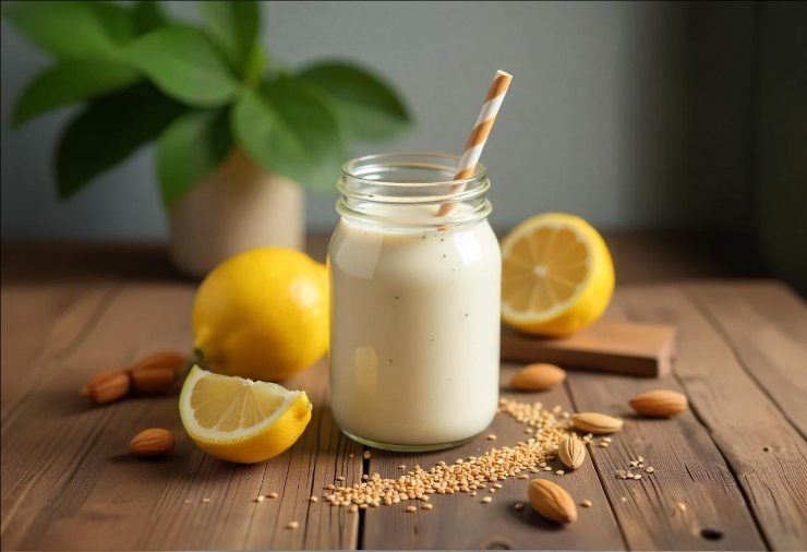 Bevanda salutare a base di succo di limone, semi e latte di mandorla